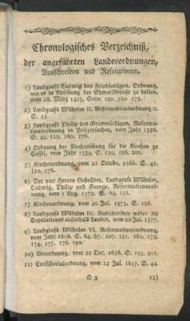 Chronologisches Verzeichniß, der angeführten Landesordnungen, Ausschreiben und Resolutionen