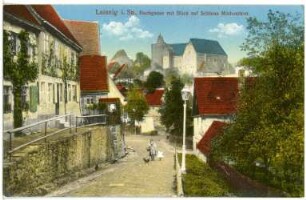Leisnig. Bachgasse mit Schloss Mildenstein