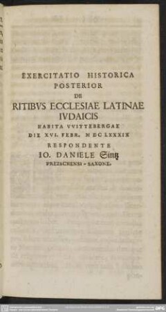 Exercitatio Historica Posterior De Ritibus Ecclesiae Latinae Iudaicis