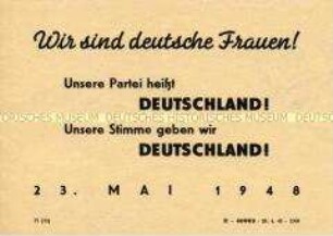 Handzettel des DFD mit dem Aufruf an alle Frauen zur Einzeichnung beim Volksbegehren für Einheit und gerechten Frieden