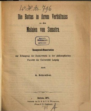 Die Battas in ihrem Verhältniss zu den Malaien von Sumatra