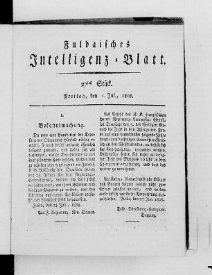 27tes Stück, Ausgabe vom 1. Jul. 1808