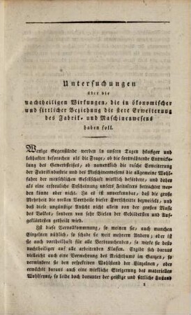Untersuchungen über die angeblichen Nachtheile des zunehmenden Fabrik- und Maschinenwesens : nebst Betrachtungen über die Zerrüttung der oberrheinischen Industrie, Anfang 1828