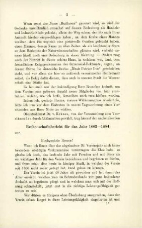 Rechenschaftsbericht für das Jahr 1883/1884. (F. v. Krauß)