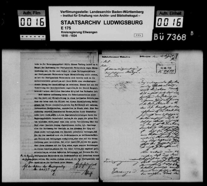 Stromversorgung der Stadt Weikersheim Oberamt Mergentheim