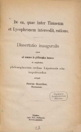 De ea, quae inter Timaeum et Lycophronem intercedit, ratione