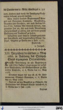 XIII. Verzeichniß der seit dem 21. May 1766 in Ansehung des Stempel-Edicts ergangenen Declarationen.