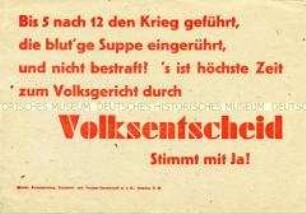 Handzettel mit Losung zum Volksentscheid über die Enteignung der Nazi- und Kriegsverbrecher