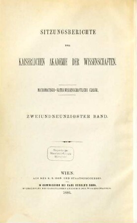 Sitzungsberichte. Abteilung I, Biologie, Mineralogie, Erdkunde. 92. 1885, Abt. 1