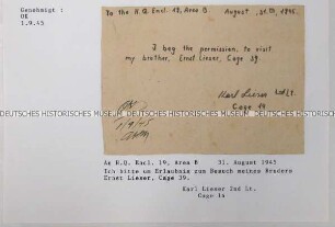 Schreiben eines deutschen Offiziers in amerikanischer Kriegsgefangenschaft an die Lagerleitung mit Bitte um Besuch seines ebenfalls inhaftierten Bruders (englisch)