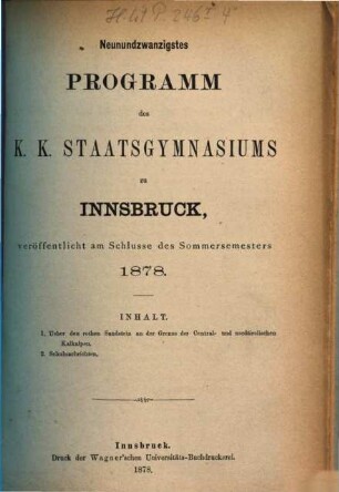 Programm des K.K. Staats-Gymnasiums in Innsbruck : veröffentlicht am Schlusse des Schuljahres ..., 29. 1877/78