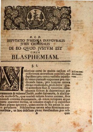 De Eo Qvod Jvstvm Est Circa Blasphemiam : Dissertatio Inavgvralis Jvris Criminalis