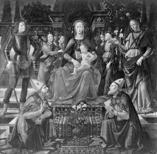 Thronende Madonna mit Kind zwischen Heiligen und Engeln