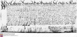 Lothar Franz Kürfürst v. Mainz belehnt franz Georg Joseph Wambold im Namen seiner Brüder Anselm Casimir und Franz Philipp Casimir und seinem Vette...
