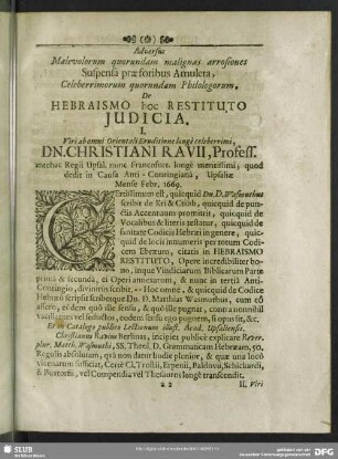 Adversus Malevolorum quorundam malignas arrosiones Suspensa praeforibus Amuleta, Celeberrimorum quorundam Philologorum. De Hebraismo hoc Restituto Iudicia