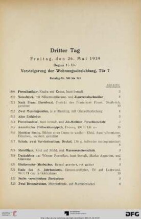 Dritter Tag Freitag, den 26. Mai 1939, Beginn 15 Uhr (Nr. 509-713)