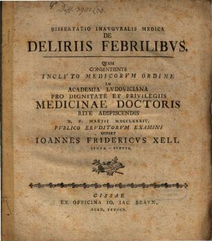 Diss. inaug. medica de deliriis febrilibus