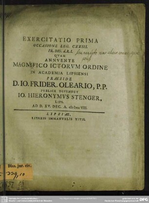 Exercitatio Prima Occasione Leg. CXXIII ...