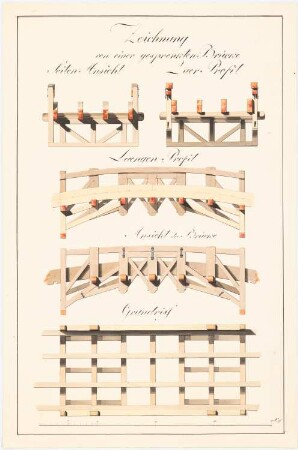 Sprengwerk einer Brücke: Grundriss, Ansichten und Schnitte