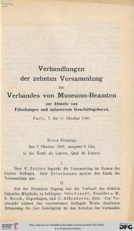 10: Verhandlungen der ... Versammlung des Verbandes von Museums-Beamten zur Abwehr von Fälschungen und Unlauterem Geschäftsgebaren