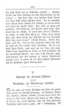 V. Apologie der Zeitungs-Inserate nebst Vorschlägen zur Verbesserung derselben.
