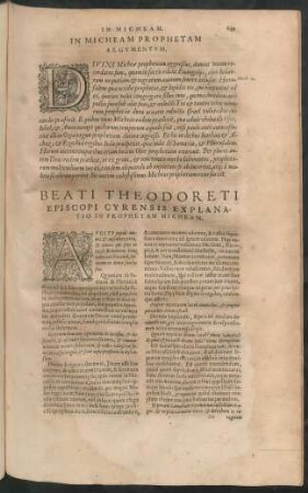 Beati Theodoreti Episcopi Cyrensis Explanatio In Prophetam Micheam.