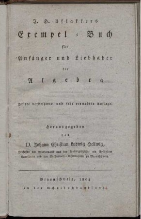 J. H. Uflakkers Exempel-Buch für Anfänger und Liebhaber der Algebra