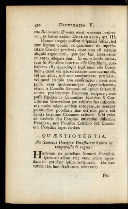 Quaestio Tertia. An Summus Pontifex Potestatem habeat in temporalia & regna?