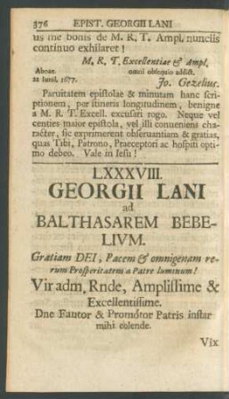 LXXXVIII. Georgii Lani ad Balthasarem Bebelium