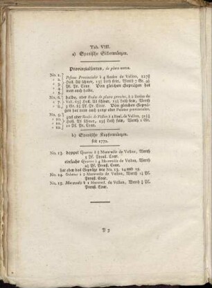[Abbildungsbeschreibung] Tab. VIII. a.) Spanische Silbermünzen [...] b) Spanische Kupfermünzen seit 1772 [...]