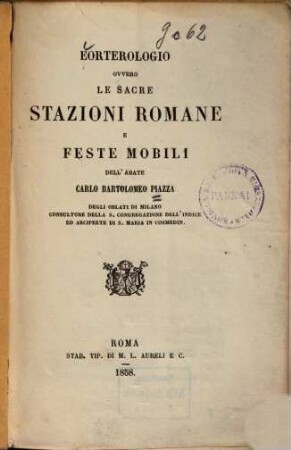 Eorterologio ovvero Le sacre stazioni romane e feste mobili