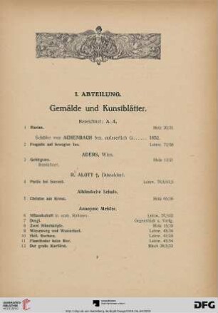 I. Abteilung. Gemälde und Kunstblätter (Nr. 1-285)