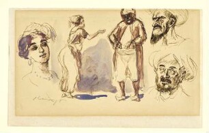 Skizzenblatt mit dem Kopf der Morgiane, der stehenden morgiane, dem stehenden Ali Baba und zwei Räuberköpfen