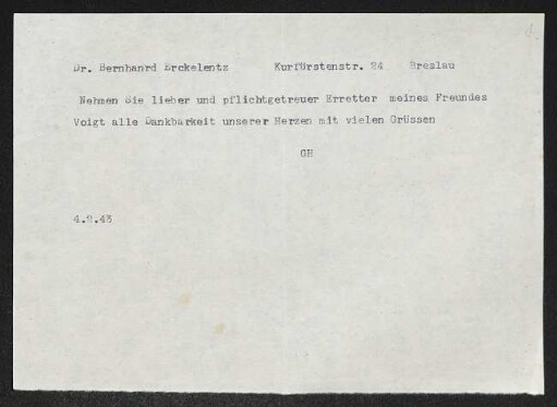 Brief von Gerhart Hauptmann an Bernhard Ercklentz
