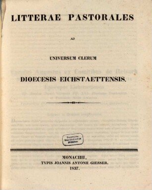Litterae pastorales ad universum Clerum dioecesis Eichstaettensis