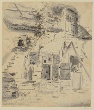 Bauernhaus mit Hühnerleiter, rechts eine Person in der Tür