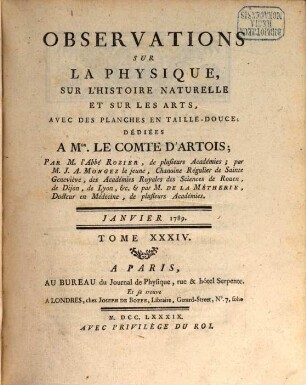 Observations sur la physique, sur l'histoire naturelle et sur les arts. 34. 1789 = Part 1