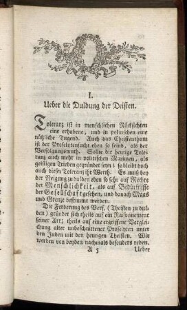 I. Ueber die Duldung der Deisten.