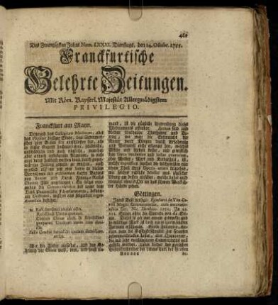Num. LXXXI. Dienstags, den 14. Octobr. 1755 - Num. XC. Freytags, den 14. Novembr. 1755