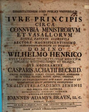 Dissertationem Ivris Pvblici Vniversalis De Ivre Principis Circa Connvbia Ministrorvm Et Vasallorvm