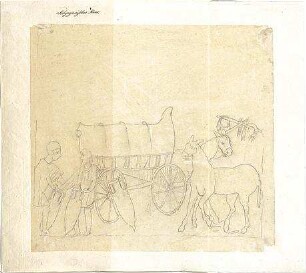 Gärtner, Friedrich von; Aschaffenburg; Pompejanisches Haus (Pompejanum) - Pferdekutsche mit zwei Figuren (Studie)