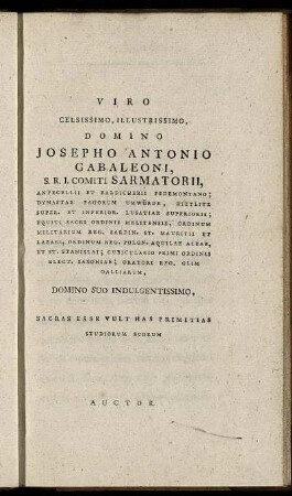 Viro Celsissimo, Illustrissimo Domino Josepho Antonio Gabaleoni, ...