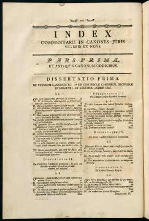 XVI-XXV, Index Commentarii in Canones Juris Veteris et Novi.