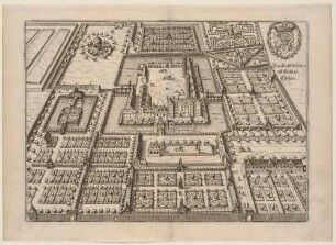 Das Residenzschloss in Köthen in Sachsen-Anhalt aus der Vogelperspektive, aus Merians Topographia Superioris Saxoniae