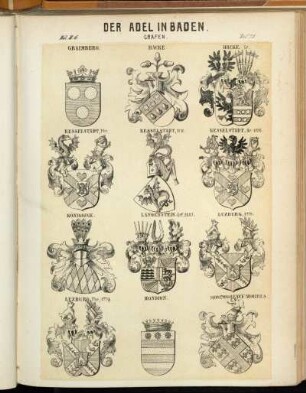 Taf. 21. Graimberg. - Hacke. - Hacke Gr. - Kesselstadt, Fhr. - Kesselstadt, St-W. - Kesselstadt, Gr. 1776. - Königseck. - Langenstein. Grf, 1827. - Luxburg, 1776. - Luxburg, Fhr, 1779. - Mondion. - Montmorency-Morres.