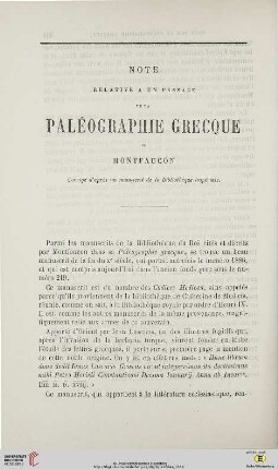 N.S. 10.1864: Note relative à un passage de la paléographie grecque de Montfaucon : corrigé d'après un manuscrit de la Bibliothèque impériale
