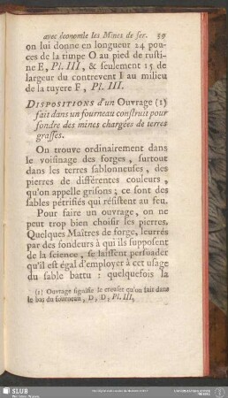 Dispositions d'un Ouvrage fait dans un fourneau construit pour fondre des mines chargées de terres grasses