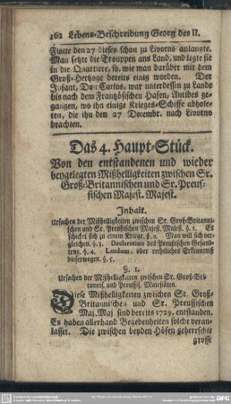 Das 4. Haupt-Stück. Von den entstandenen und wieder beygelegten Mißhelligkeiten zwischen Sr. Groß-Britannischen und Sr. Preußischen Majest.