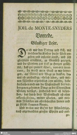 Joh. de Monte-Snyders Vorrede