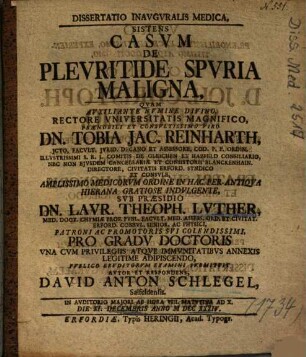 Dissertatio Inavgvralis Medica, Sistens Casvm De Plevritide Spvria Maligna